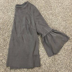 Grey Womens 3/4 Bell Sleeve Tops Crew Neck Shirts Faux Suede Casual Loose Fit